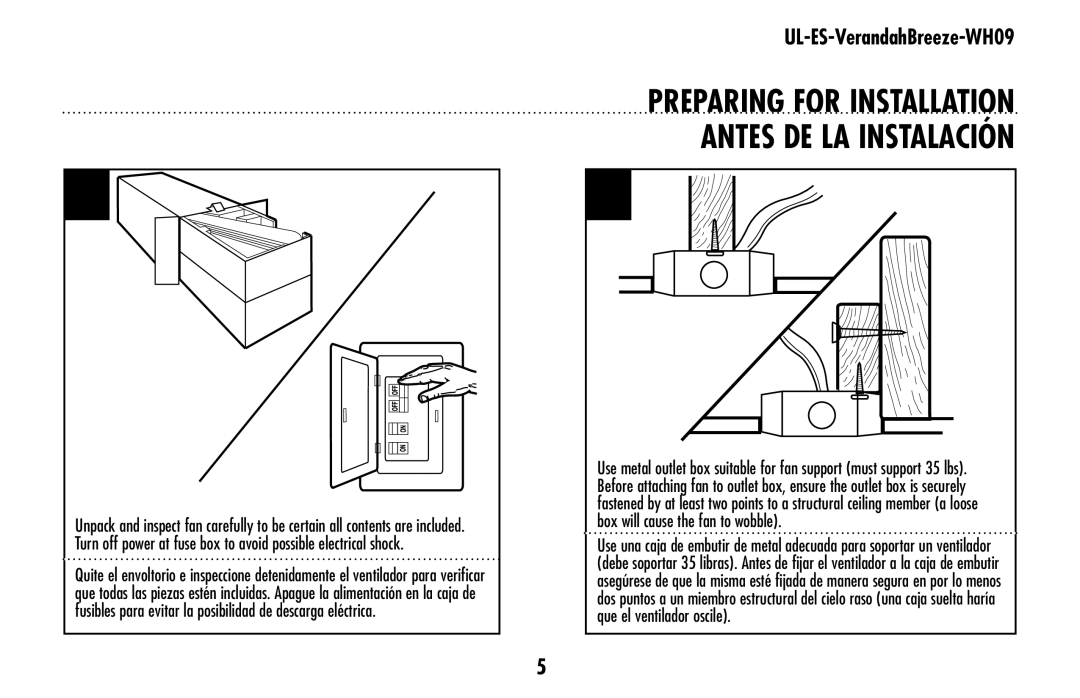 Westinghouse UL-ES-Verandahbreeze-Who9 owner manual PREPARING for installation Antes de la instalación 