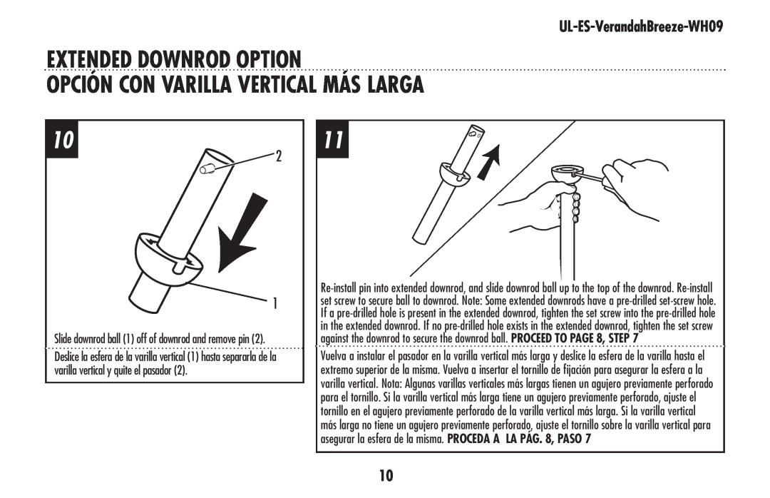 Westinghouse UL-ES-Verandahbreeze-Who9 owner manual Extended Downrod Option Opción Con Varilla Vertical Más Larga 