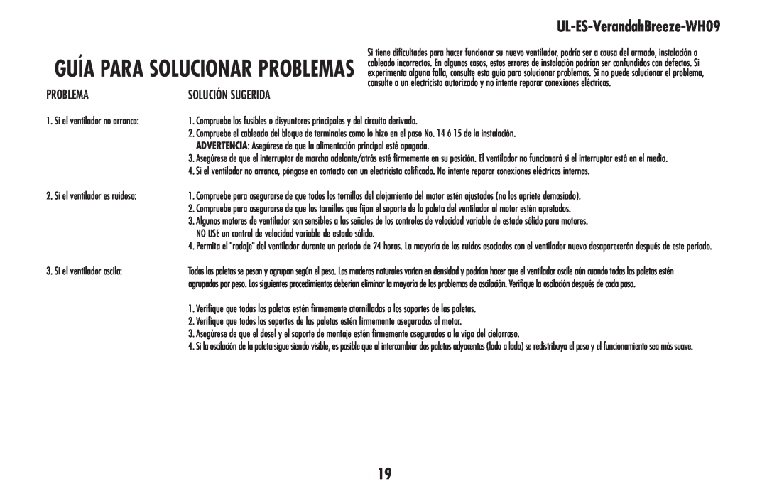 Westinghouse UL-ES-Verandahbreeze-Who9 owner manual Guía para solucionar problemas, Problema, UL-ES-VerandahBreeze-WH09 