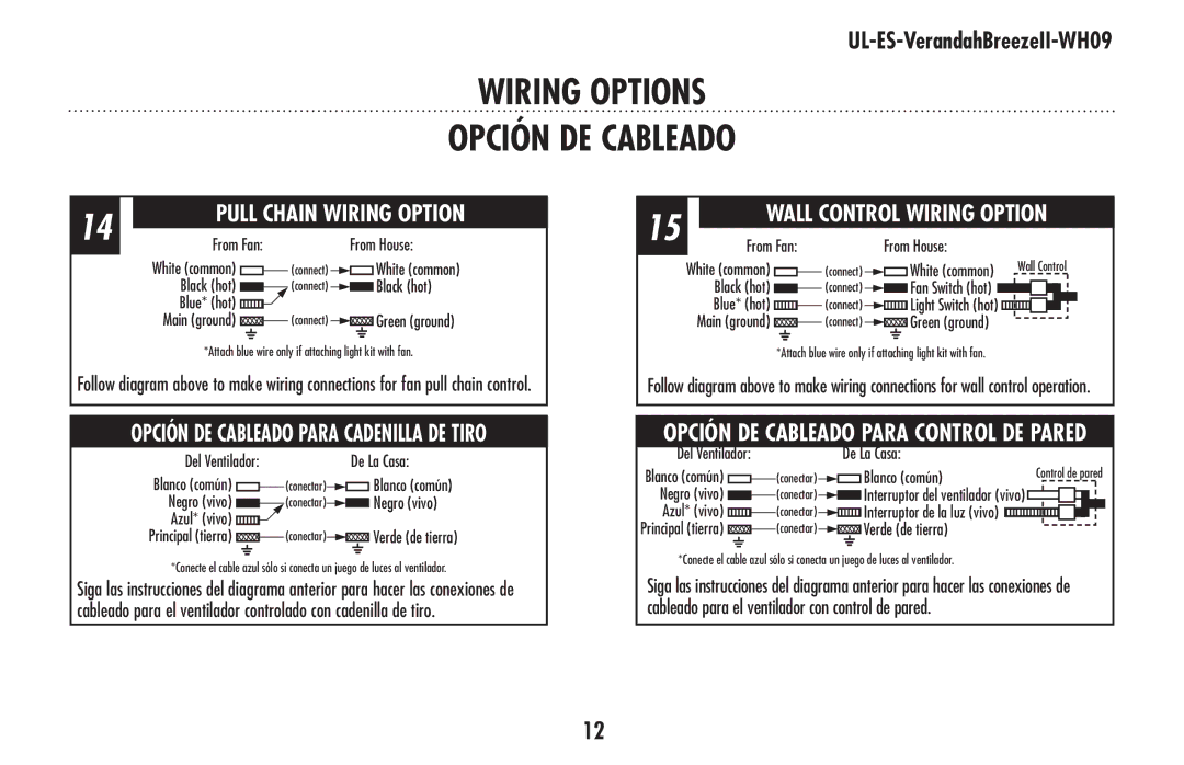 Westinghouse UL-ES-VerandahBreezeII-WH09 owner manual Opción DE Cableado 