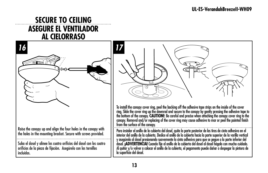 Westinghouse UL-ES-VerandahBreezeII-WH09 owner manual Secure To Ceiling Asegure el ventilador Al cielorraso 