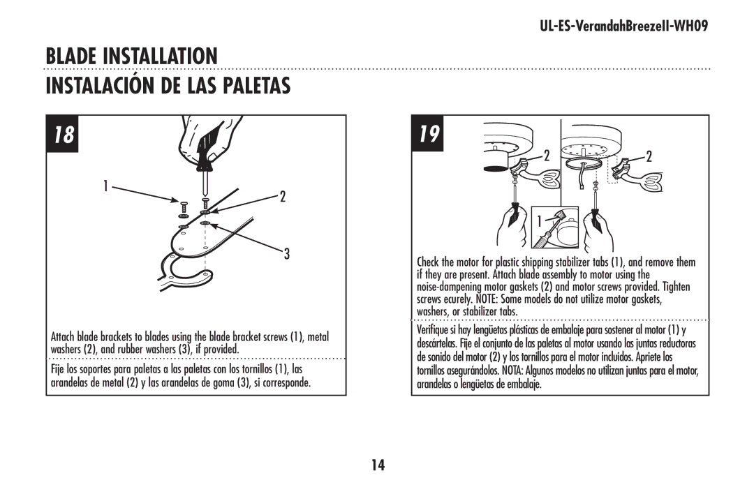 Westinghouse UL-ES-VerandahBreezeII-WH09 owner manual Blade Installation Instalación de las paletas 