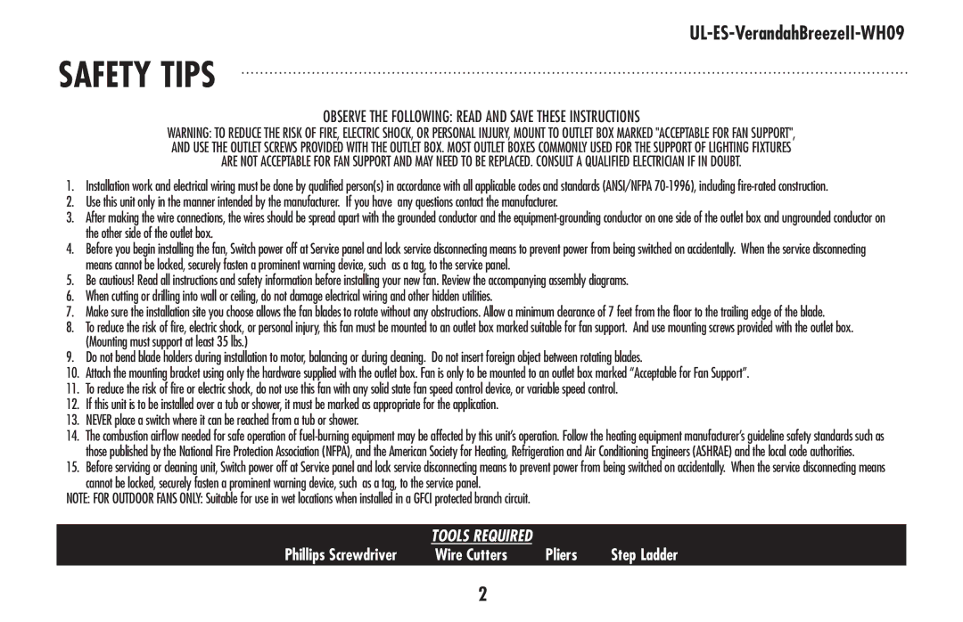 Westinghouse UL-ES-VerandahBreezeII-WH09 owner manual Safety tips 