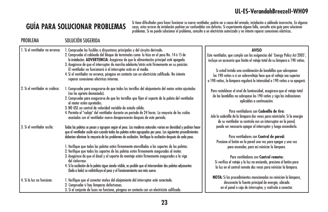 Westinghouse UL-ES-VerandahBreezeII-WH09 Reparar conexiones eléctricas internas, No los apriete demasiado, Del cielorraso 