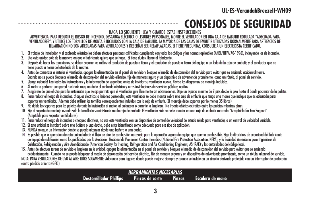 Westinghouse UL-ES-VerandahBreezeII-WH09 owner manual Consejos de seguridad 