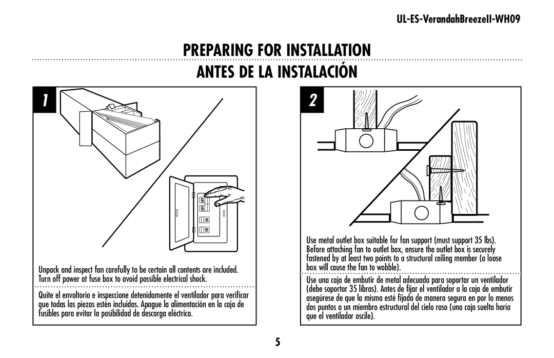 Westinghouse UL-ES-VerandahBreezeII-WH09 owner manual PREPARING for installation Antes de la instalación 