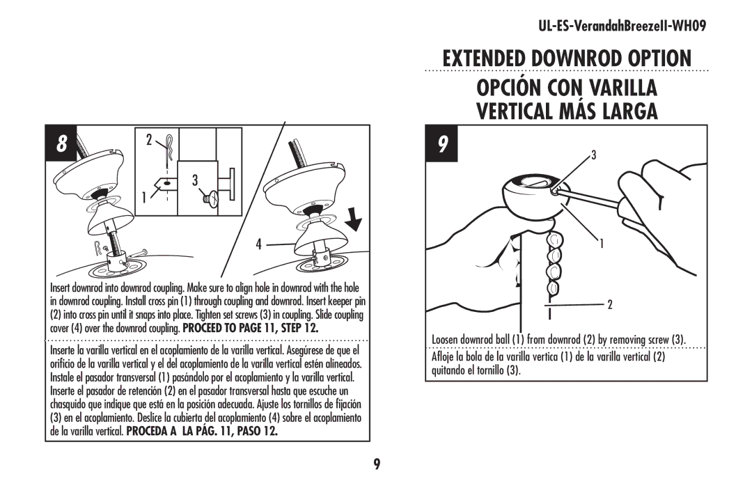 Westinghouse UL-ES-VerandahBreezeII-WH09 owner manual Opción CON Varilla Vertical MÁS Larga 