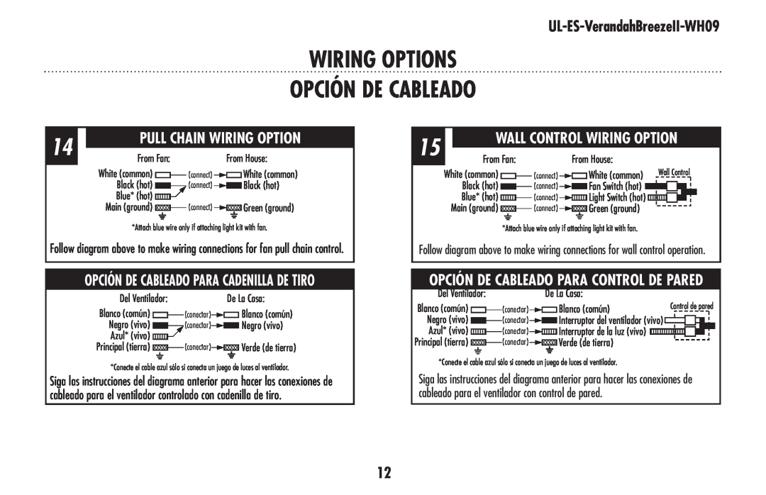Westinghouse UL-ES-VerandahBreezeII-WH09 owner manual wiring OPTIONS OPCIÓN DE CABLEADO, Pull Chain Wiring Option 