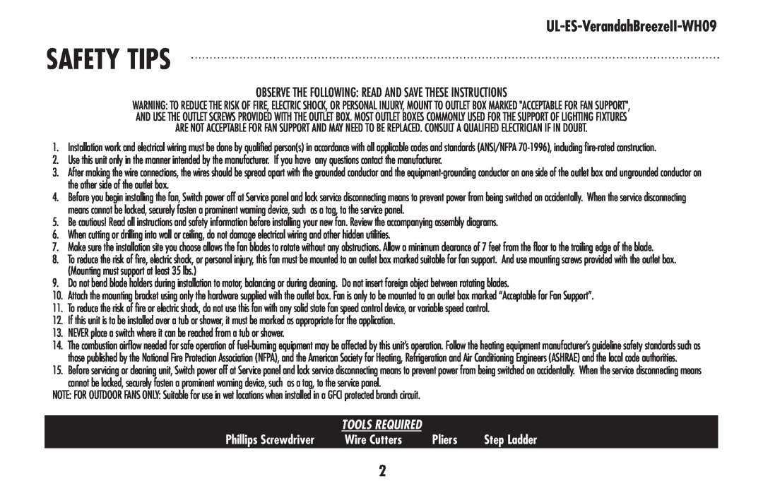Westinghouse UL-ES-VerandahBreezeII-WH09 Safety tips, Observe The Following Read And Save These Instructions, Wire Cutters 