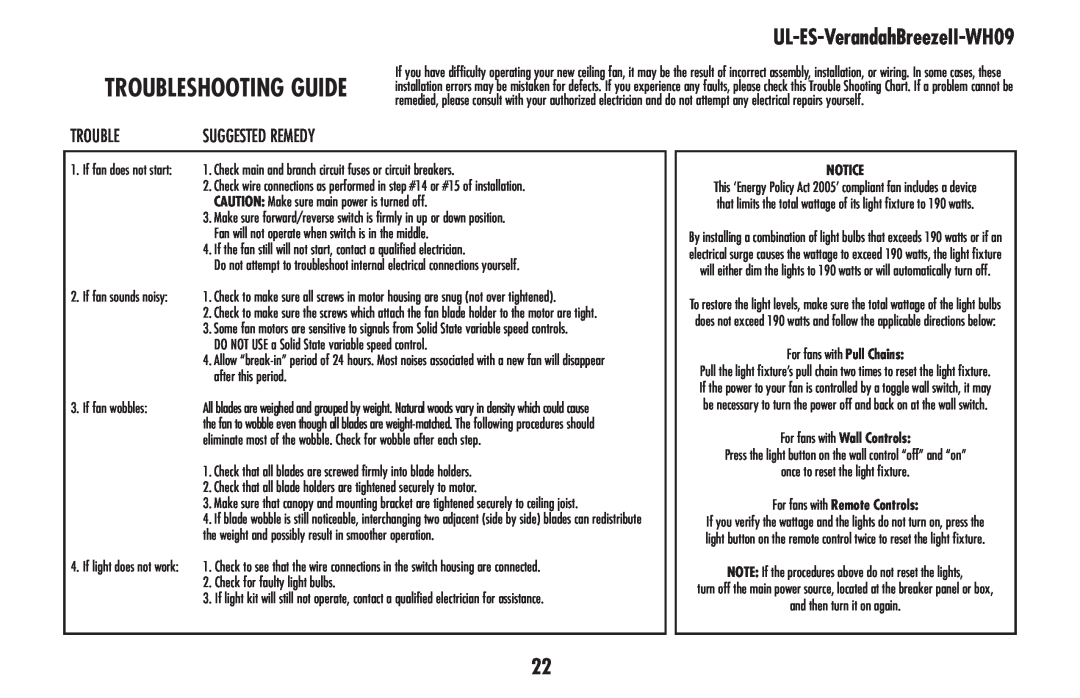 Westinghouse UL-ES-VerandahBreezeII-WH09 owner manual Troubleshooting guide, For fans with Remote Controls 