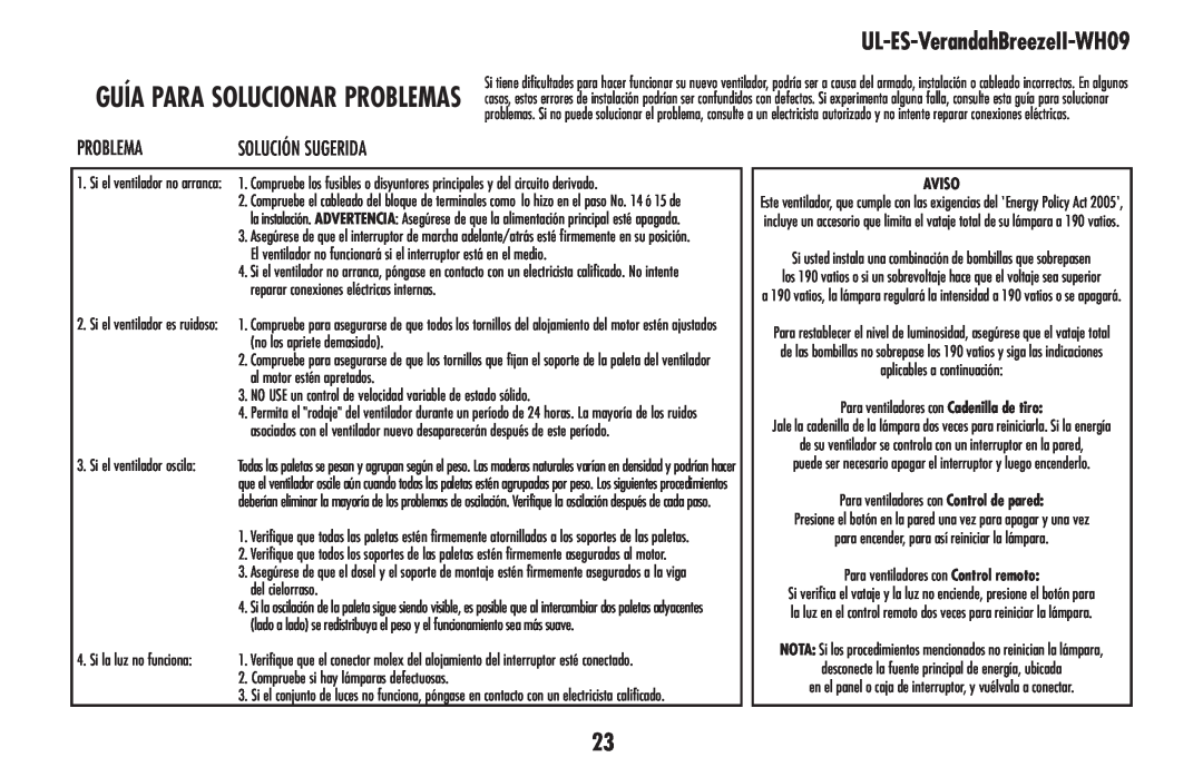 Westinghouse UL-ES-VerandahBreezeII-WH09 owner manual Guía para solucionar problemas, Problema, Aviso 