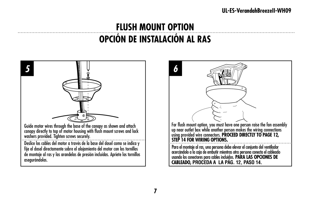 Westinghouse UL-ES-VerandahBreezeII-WH09 owner manual Flush Mount Option Opción De Instalación Al Ras, For Wiring Options 