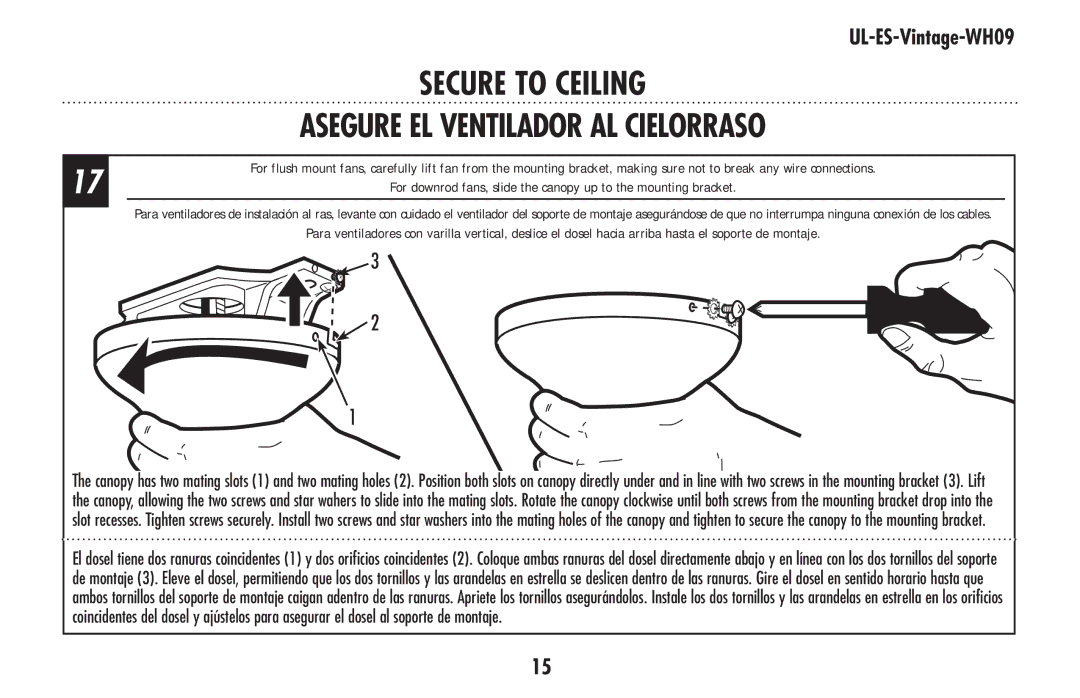 Westinghouse UL-ES-Vintage-WH09 owner manual Asegure el ventilador al cielorraso 