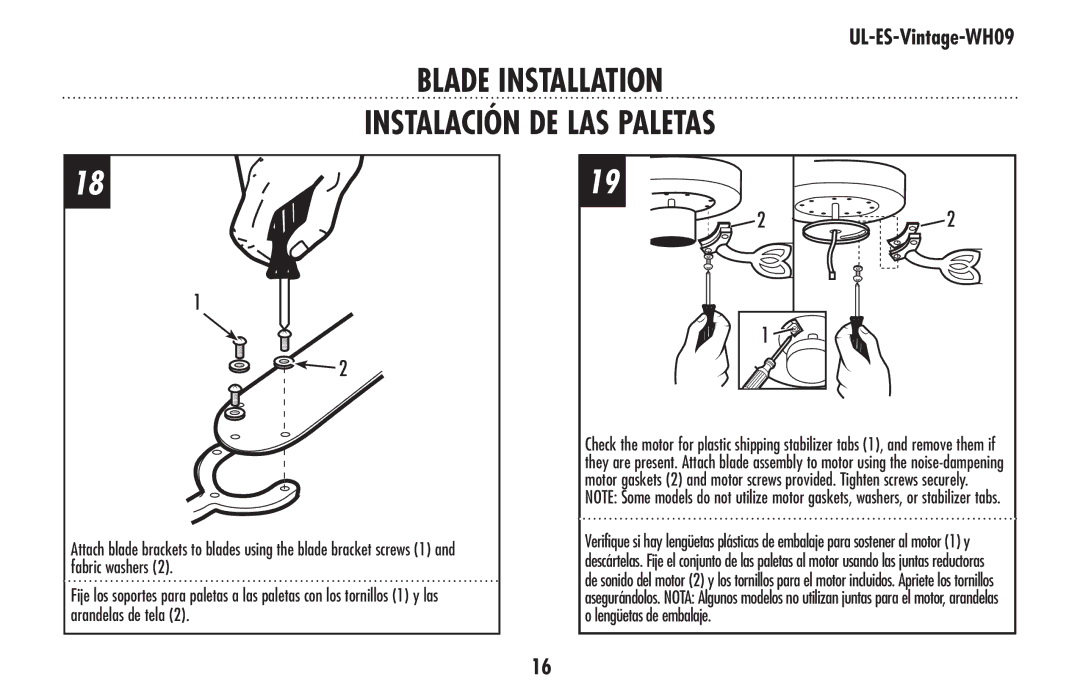 Westinghouse UL-ES-Vintage-WH09 owner manual Blade Installation Instalación de las paletas 