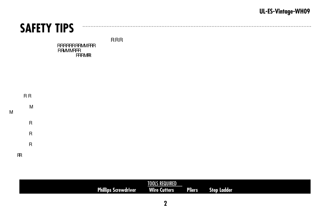 Westinghouse UL-ES-Vintage-WH09 owner manual Safety tips 