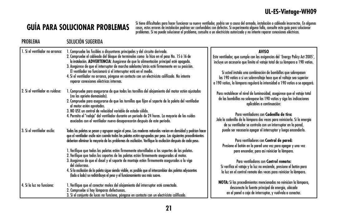 Westinghouse UL-ES-Vintage-WH09 Reparar conexiones eléctricas internas, No los apriete demasiado, Al motor estén apretados 