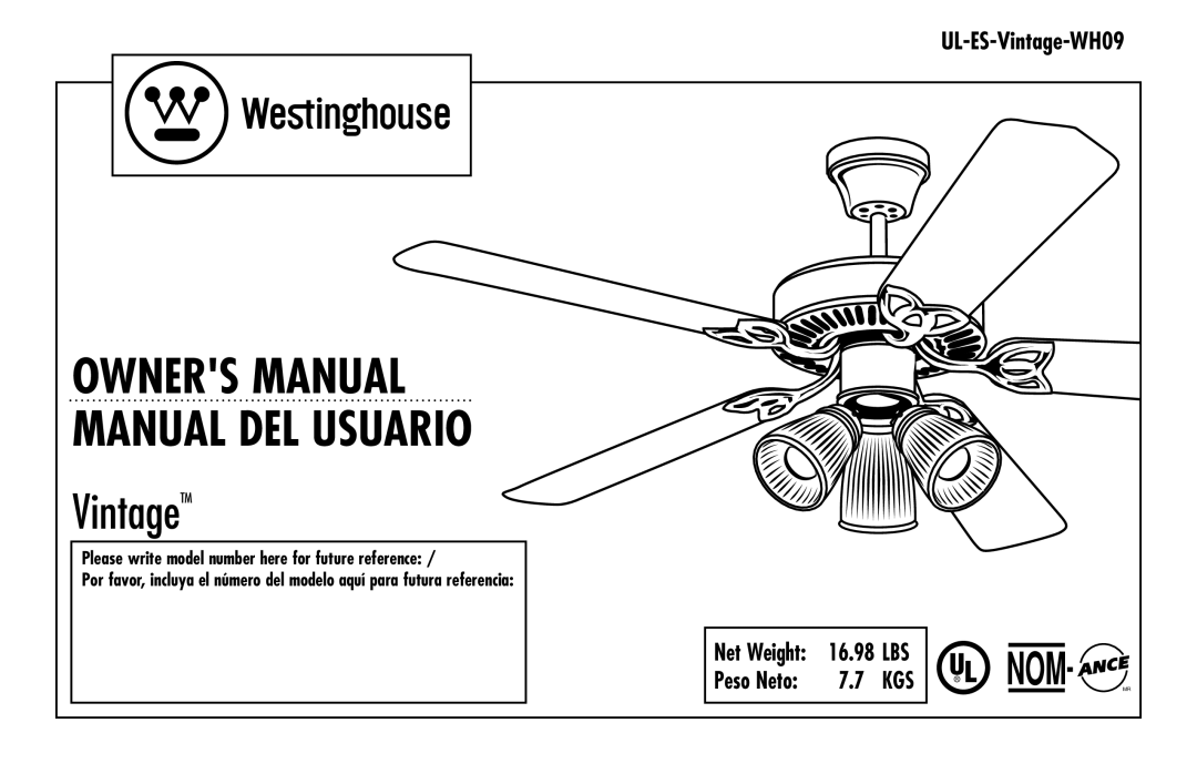 Westinghouse UL-ES-Vintage-WH09 owner manual 16.98, Peso Neto, VintageTM 