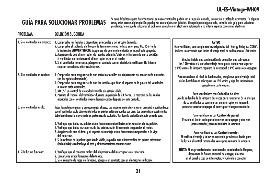 Westinghouse UL-ES-Vintage-WH09 owner manual Guía para solucionar problemas, Problema, Aviso 