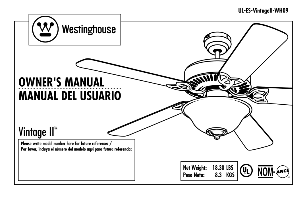Westinghouse UL-ES-VintageII-WH09 owner manual 18.30, Peso Neto, Vintage IITM 