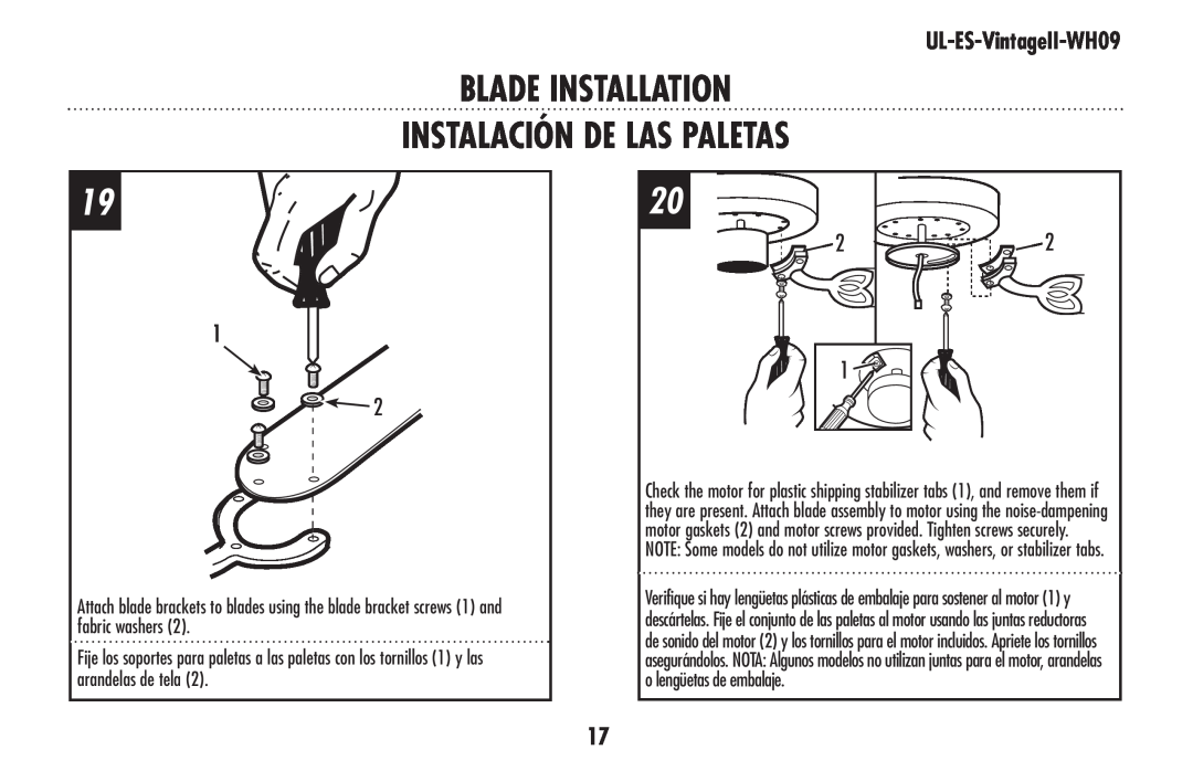 Westinghouse UL-ES-VintageII-WH09 owner manual Blade Installation Instalación de las paletas 