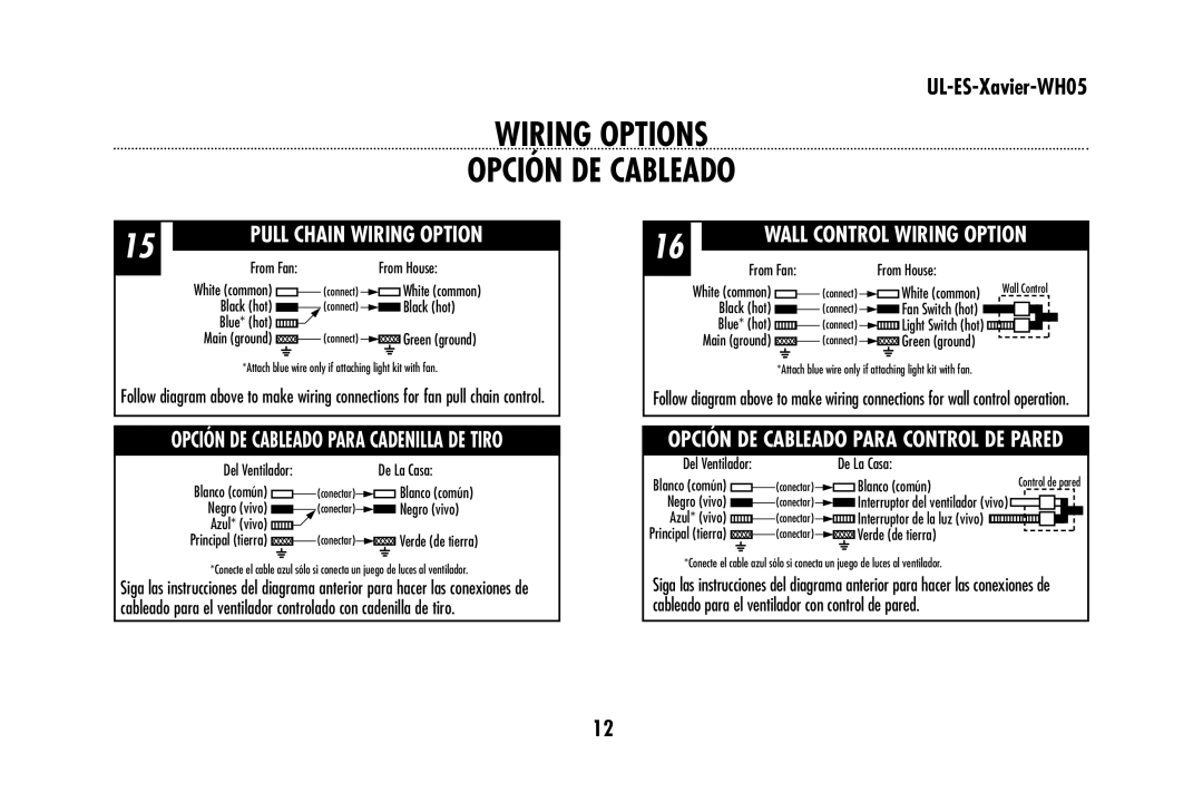 Westinghouse UL-ES-Xavier-WH05 owner manual Wiring Options Opción DE Cableado, Pull Chain Wiring Option 