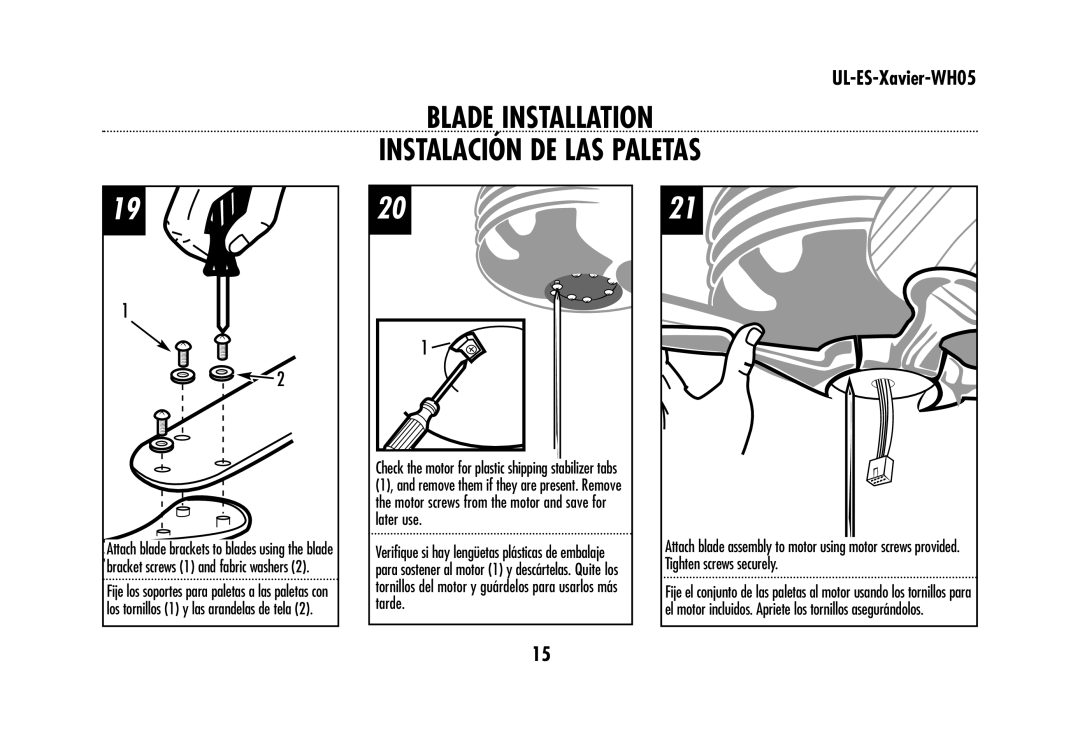 Westinghouse UL-ES-Xavier-WH05 owner manual Blade Installation Instalación DE LAS Paletas 