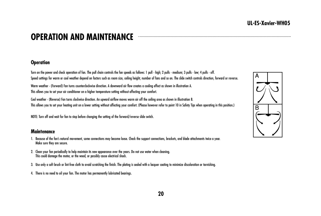 Westinghouse UL-ES-Xavier-WH05 owner manual Operation and Maintenance 