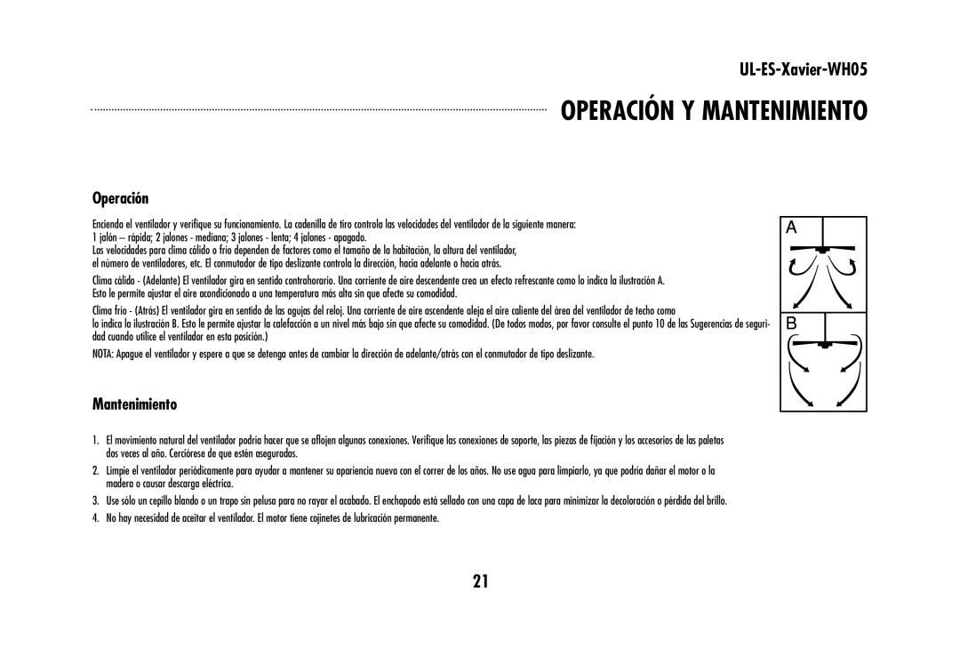 Westinghouse UL-ES-Xavier-WH05 owner manual Operación Y Mantenimiento 