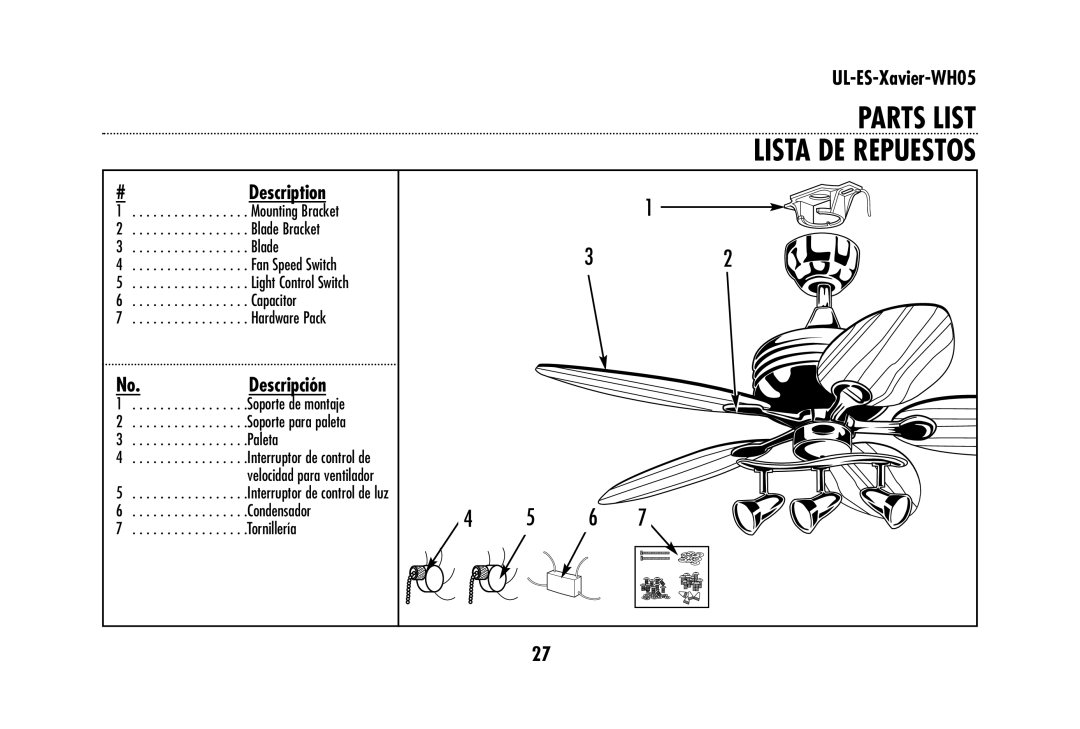 Westinghouse UL-ES-Xavier-WH05 owner manual Parts List Lista DE Repuestos, Description 