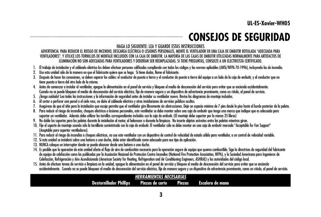 Westinghouse UL-ES-Xavier-WH05 owner manual Consejos DE Seguridad, Haga LO Siguiente LEA Y Guarde Estas Instrucciones 