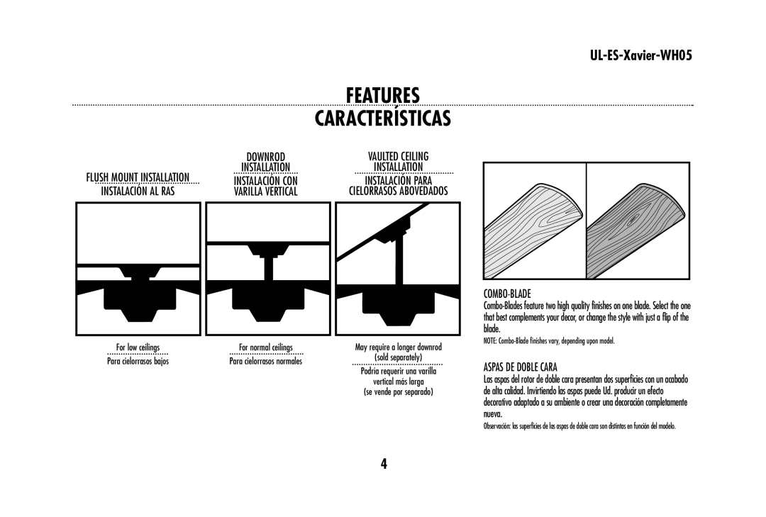 Westinghouse UL-ES-Xavier-WH05 owner manual Features, Combo-Blade, Aspas DE Doble Cara 