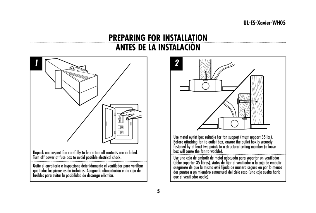 Westinghouse UL-ES-Xavier-WH05 owner manual Preparing for Installation Antes DE LA Instalación 