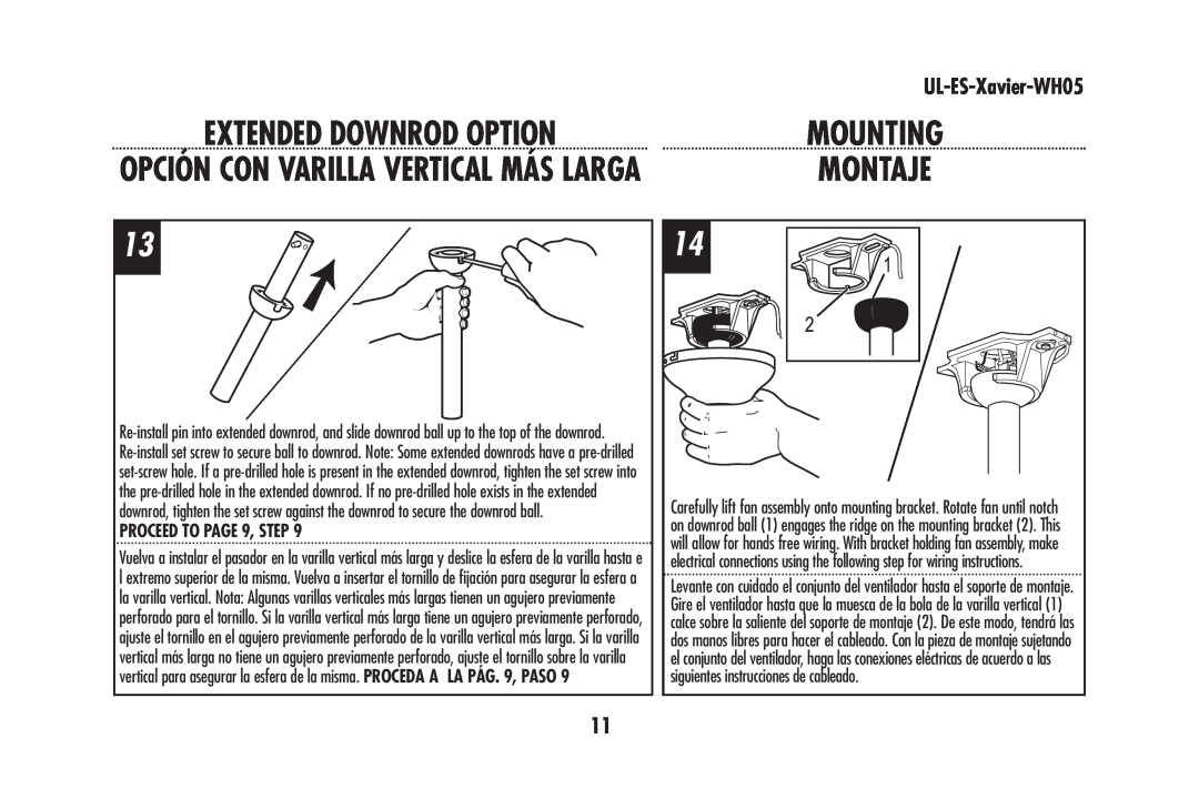 Westinghouse UL-ES-Xavier-WH05 owner manual PROCEED TO PAGE 9, STEP, Mounting, Extended Downrod Option, Montaje 