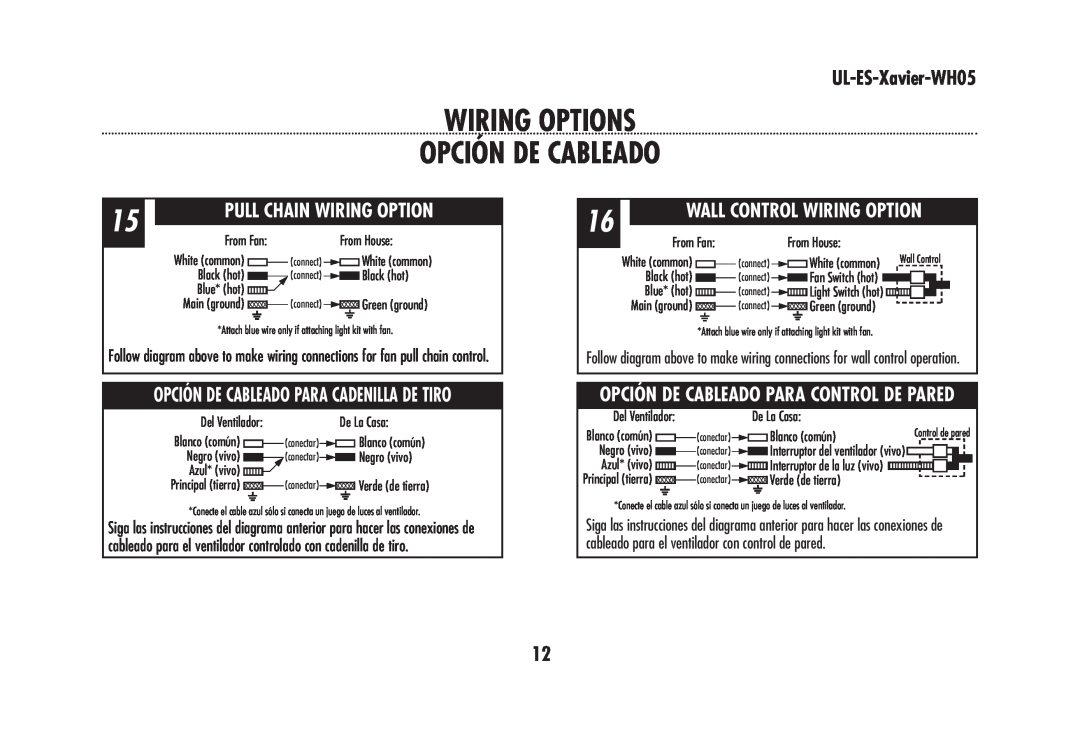 Westinghouse UL-ES-Xavier-WH05 Wiring Options Opción De Cableado, Pull Chain Wiring Option, Wall Control Wiring Option 