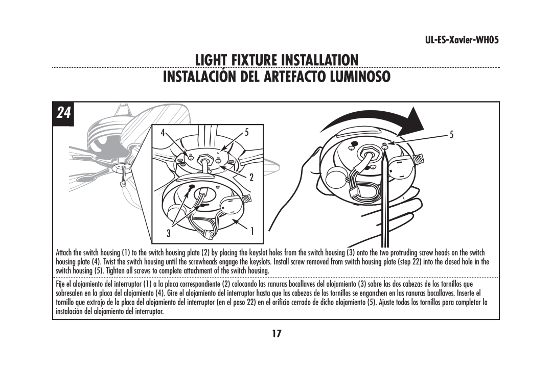 Westinghouse UL-ES-Xavier-WH05 owner manual Light Fixture Installation, Instalación Del Artefacto Luminoso 