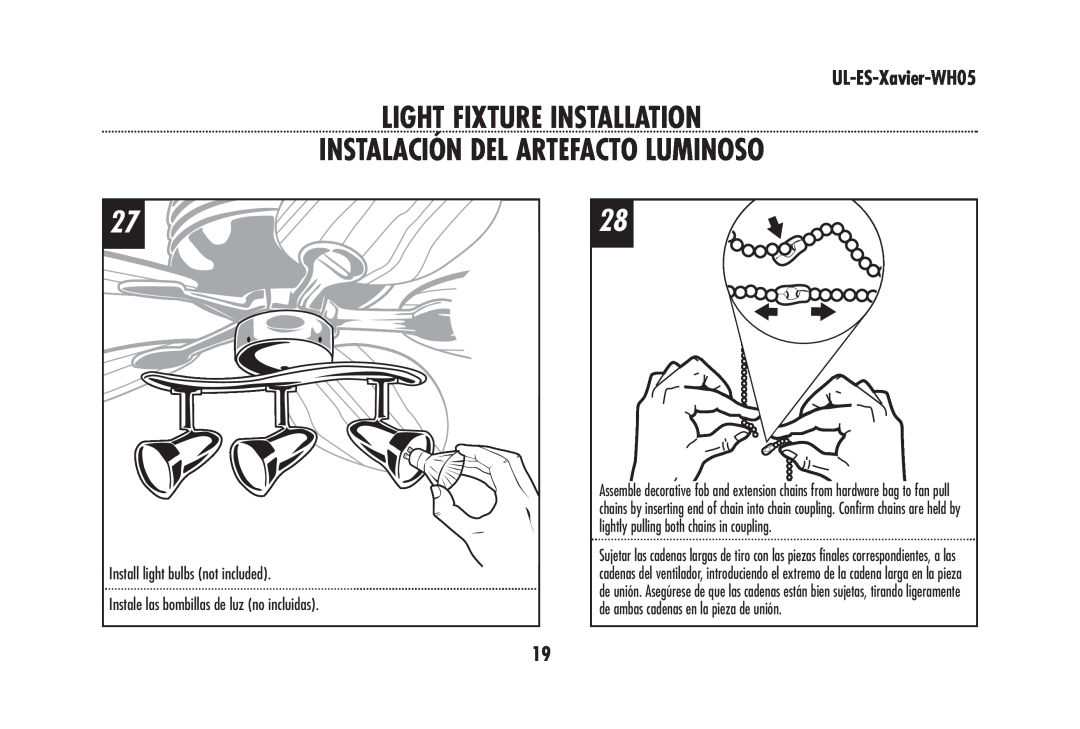 Westinghouse UL-ES-Xavier-WH05 owner manual Install light bulbs not included, Instale las bombillas de luz no incluidas 