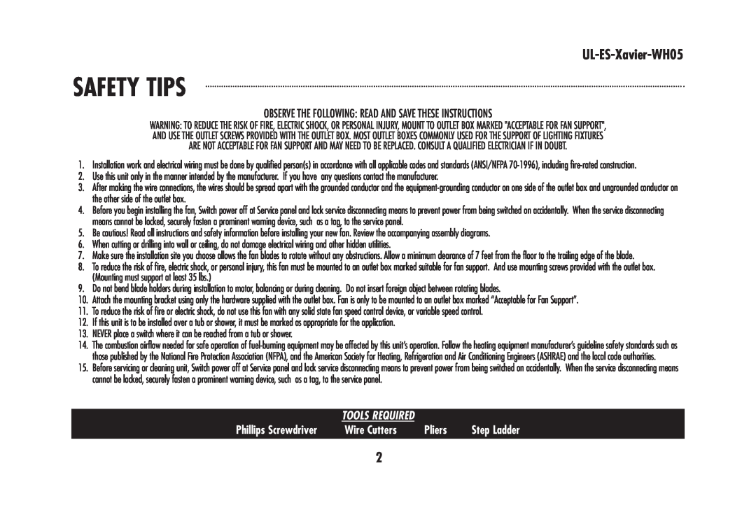 Westinghouse UL-ES-Xavier-WH05 owner manual Safety Tips, Wire Cutters, Pliers, Phillips Screwdriver 