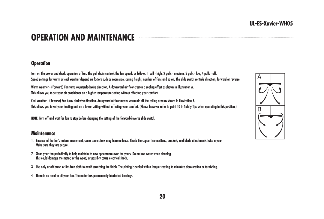 Westinghouse UL-ES-Xavier-WH05 owner manual Operation And Maintenance 