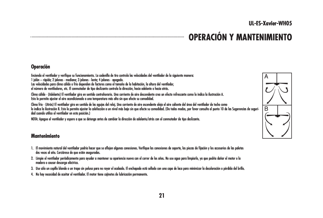Westinghouse UL-ES-Xavier-WH05 owner manual Operación Y Mantenimiento 