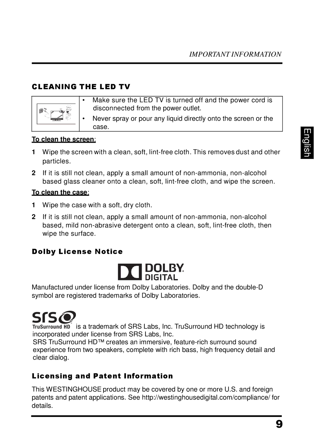 Westinghouse UW32S3PW manual Cleaning the LED TV, To clean the screen, To clean the case 