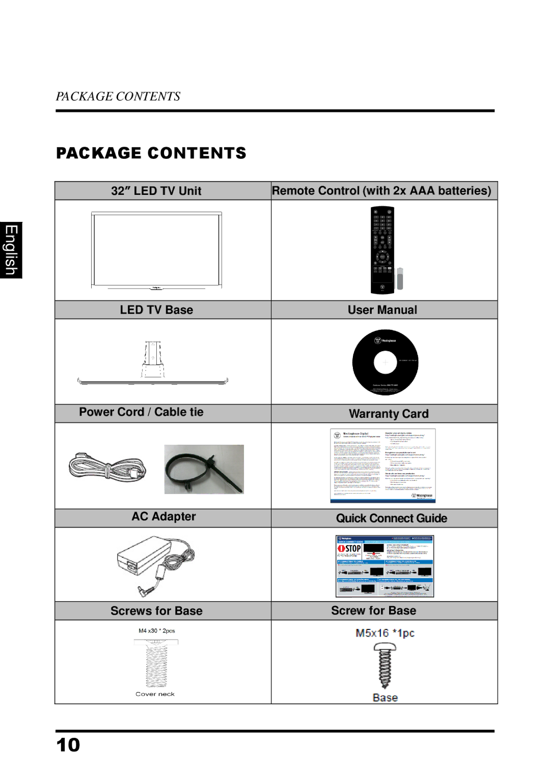 Westinghouse UW32S3PW manual Package Contents 