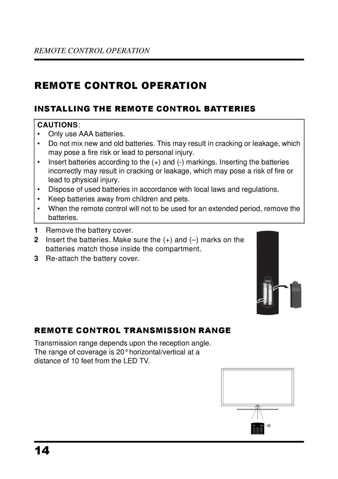 Westinghouse UW32S3PW Remote Control Operation, Installing the Remote Control Batteries, Remote Control Transmission Range 