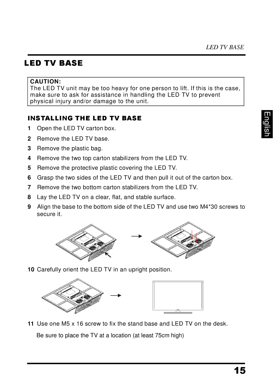 Westinghouse UW32S3PW manual Installing the LED TV Base 