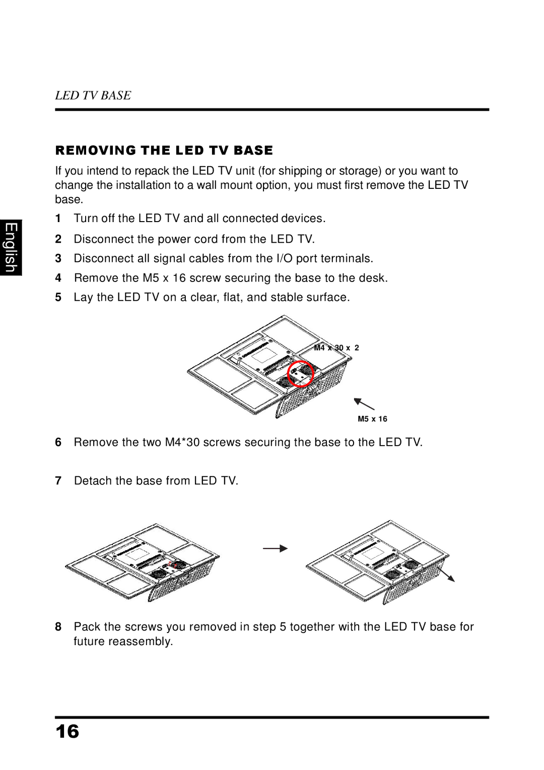 Westinghouse UW32S3PW manual Removing the LED TV Base 