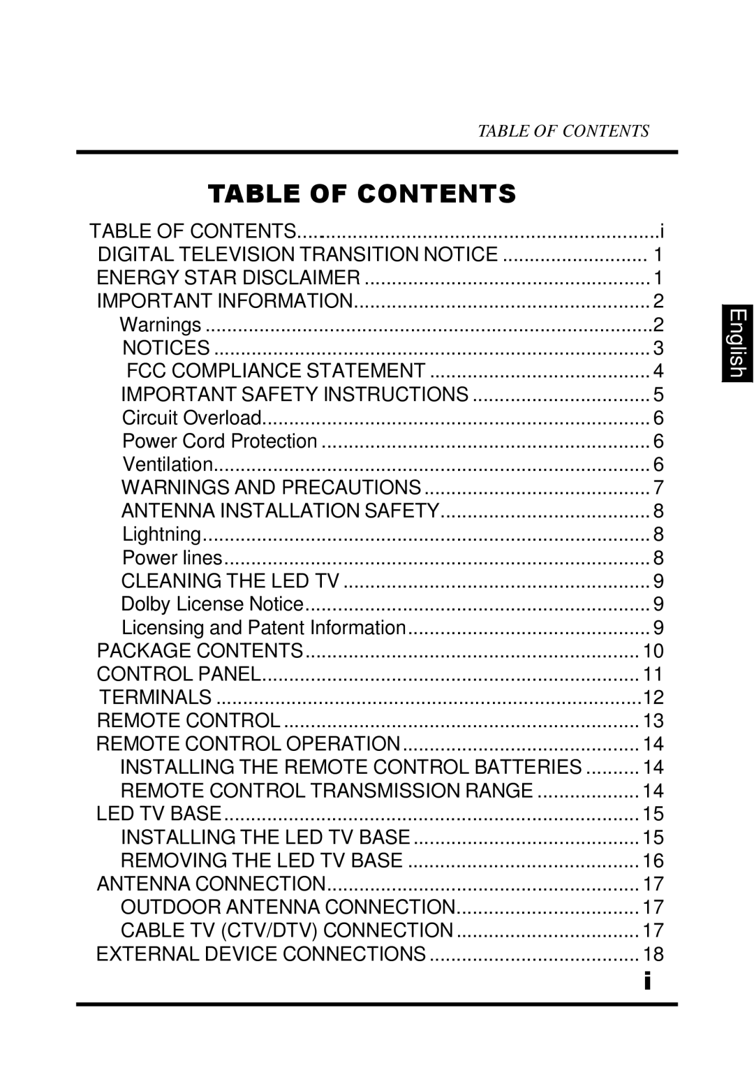 Westinghouse UW32S3PW manual Table of Contents 