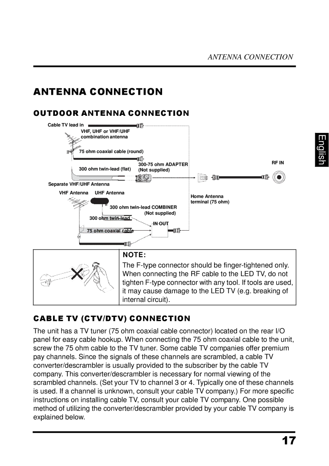 Westinghouse UW32S3PW manual Outdoor Antenna Connection, Cable TV CTV/DTV Connection 