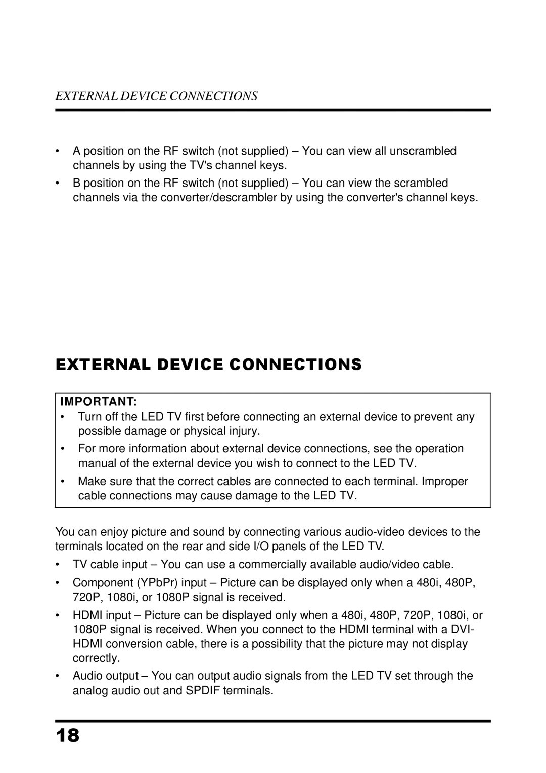 Westinghouse UW32S3PW manual External Device Connections 