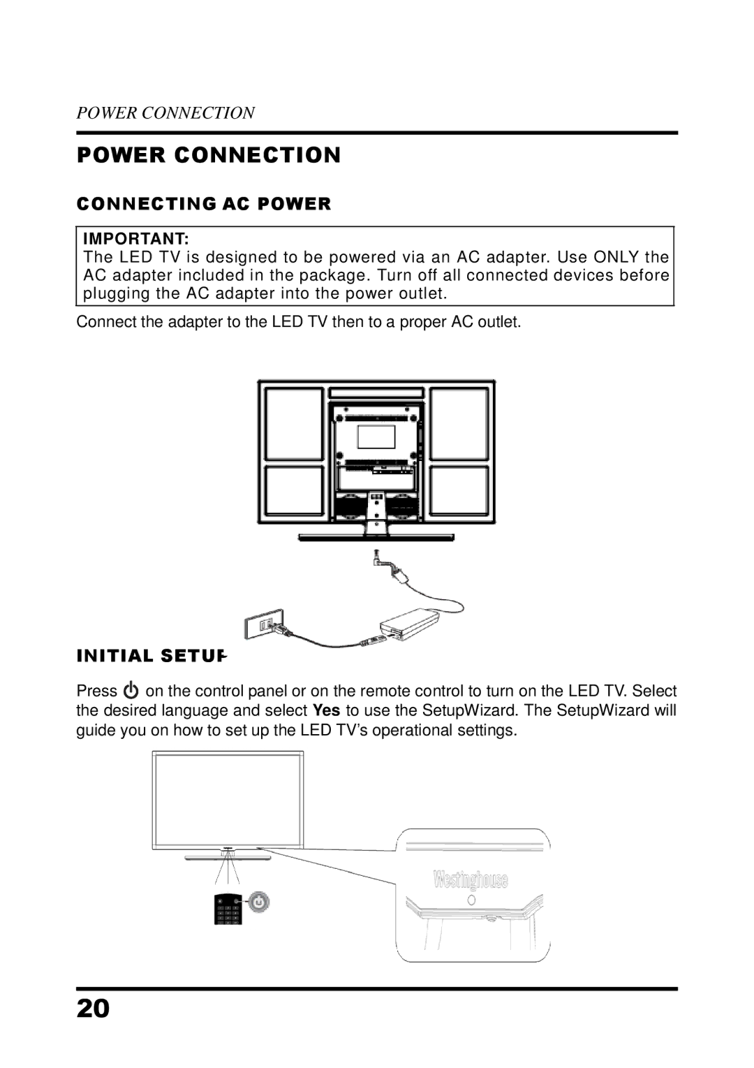 Westinghouse UW32S3PW manual Power Connection, Connecting AC Power, Initial Setup 