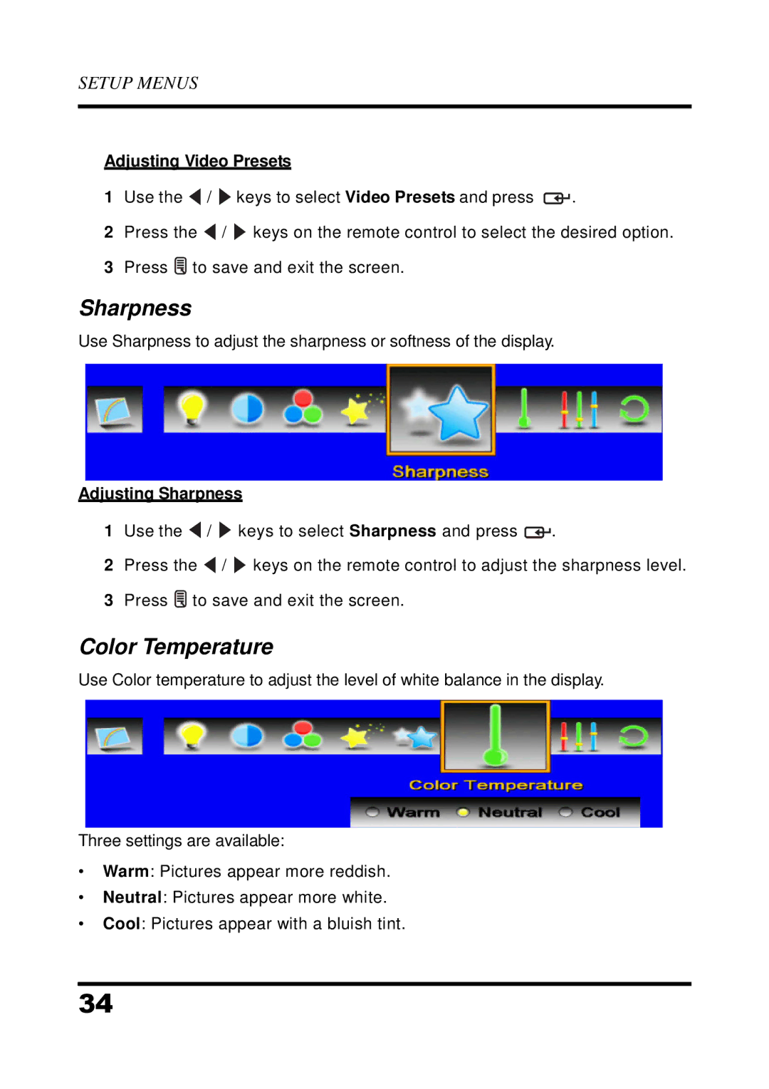 Westinghouse UW32S3PW manual Color Temperature, Adjusting Video Presets, Adjusting Sharpness 