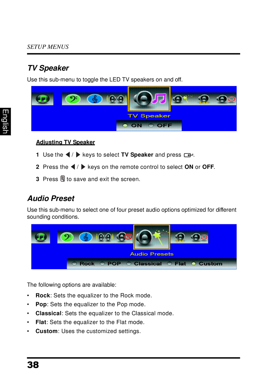 Westinghouse UW32S3PW manual Audio Preset, Adjusting TV Speaker 